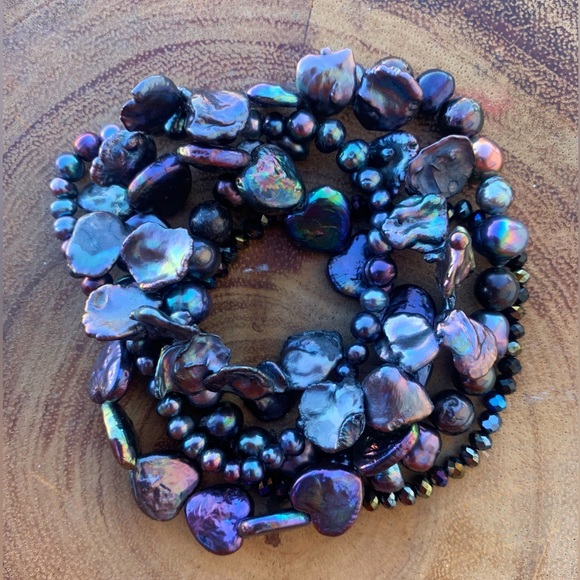 Natural Black Peacock Baroque Freshwater Pearl Cultured Bead Bracelet Stack - Picture 5 of 10